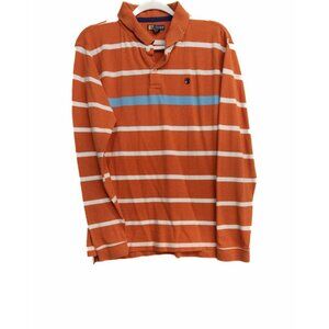 Duckhead Jeans Co Mens Orange Cotton Polo Shirt White Stripes Logo Long Sleeve L